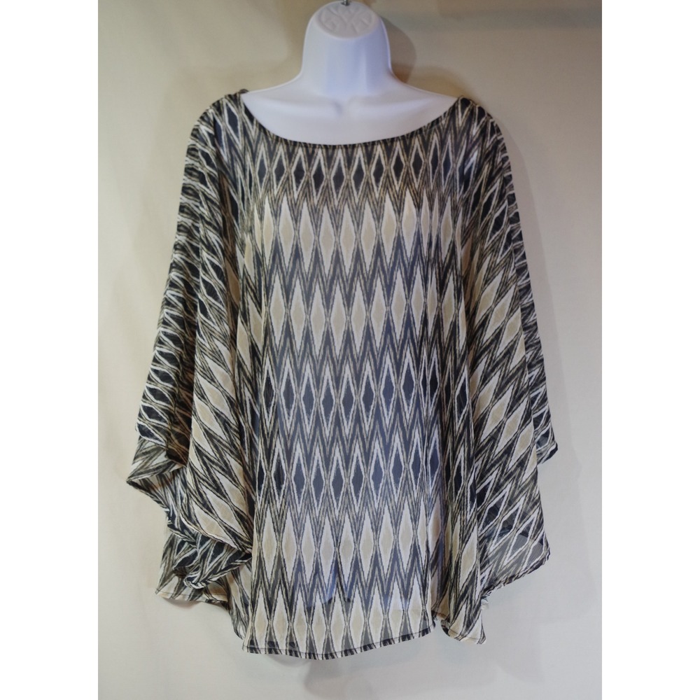 Ruby 3X Sheer Chiffon Poncho Top Ikat Diamond Geometric Print Black Tan